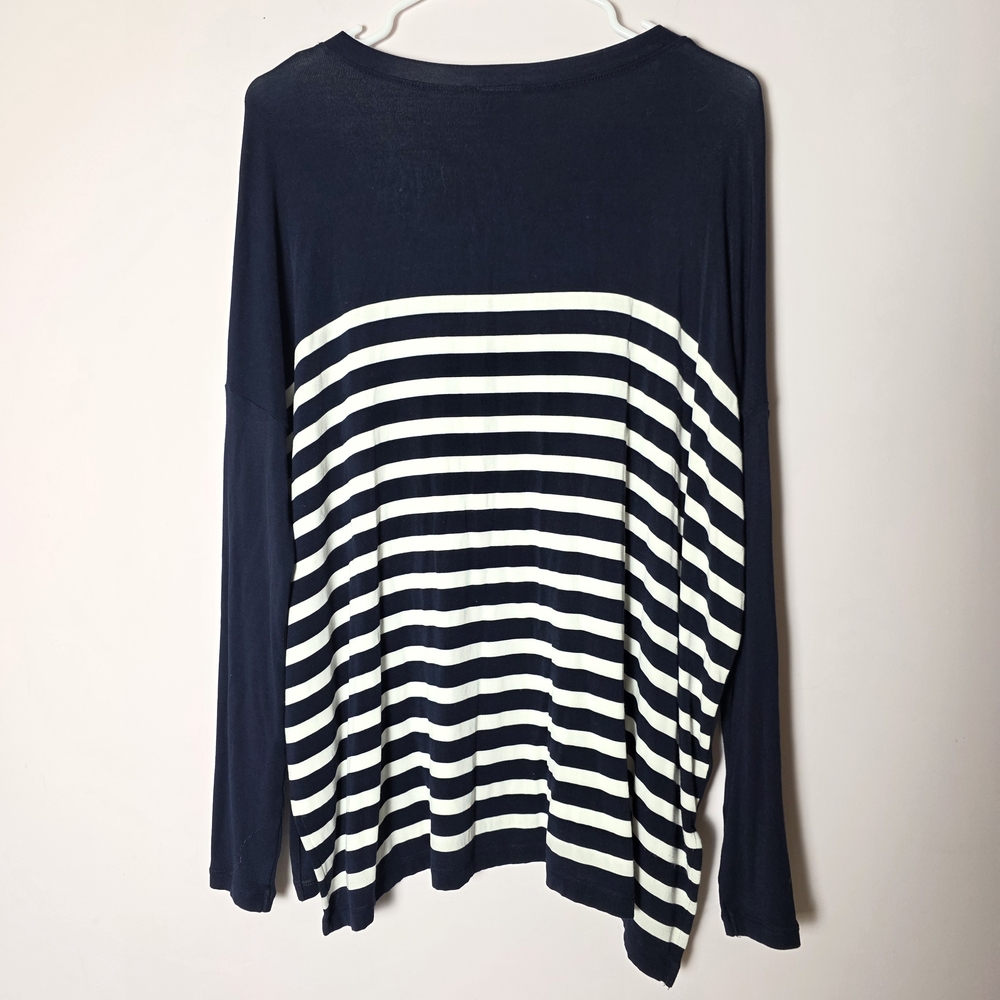 CAbi Lighthouse Tee Medium Navy White Stripe Long Sleeve V-Neck Asymmetrical Top - Picture 2 of 4